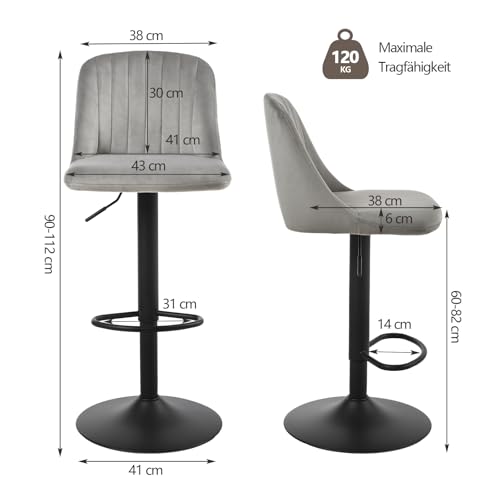 Goeurvant 360°Drehbar Barhocker 2er Set Höhenverstellbar mit Lehne & Fußstütze,Barstühle Samt mit Metallgestell für Bar,Küche,Theke,Esszimmer,Wohnzimmer & Essbereich,Hellgrau