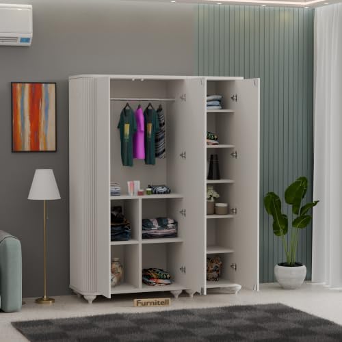 Image of 3 Door Wardrobe Almirah for Bedroom, 72 Inch | Premium HDHMR Wooden Cupboard with Hanging Rod & Storage Compartments | Fluted Push-to-Open Clothes Organizer Cabinet | White Finish