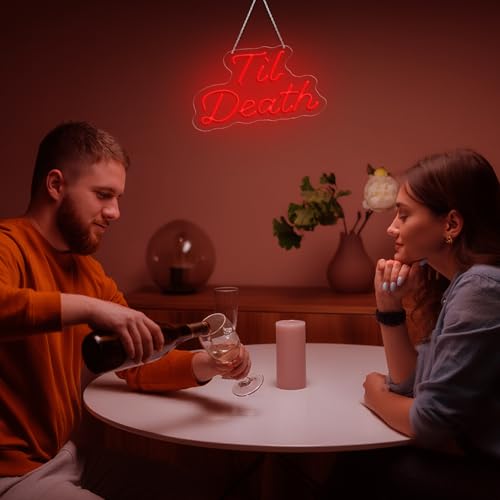 Image of Til Death Wedding Neon Sign, USB Powered Neon Signs with Dimmer and Sticky Hook, Hanging LED Light Sign Valentines Day Decorations, Home Decor for Bedroom Party Wall 16.93 x 11.42 inch