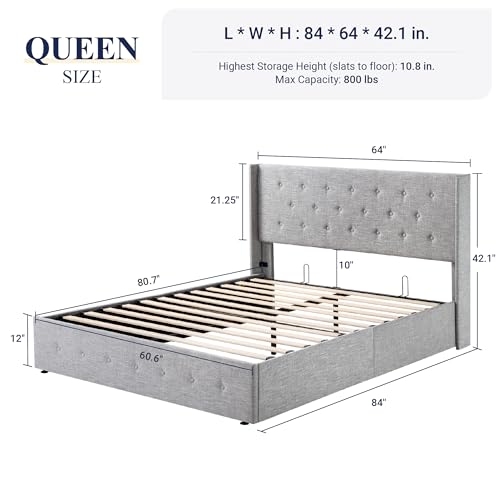 Allewie Queen Size Lift Up Storage Bed, Button Tufted Headboard with Wingback, Hydraulic Support, No Box Spring Needed, Light Grey