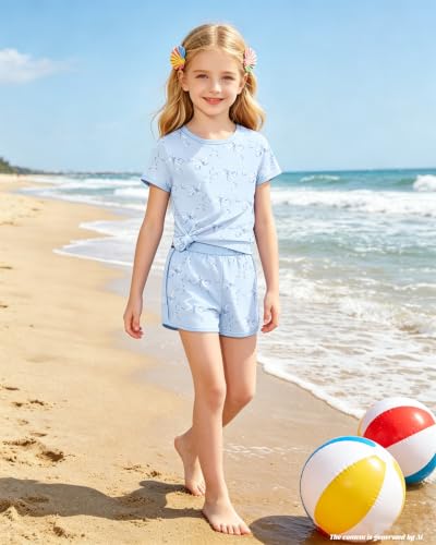 Image of Bestuline Girls Summer 2 Piece Outfits,Basic Short Sleeve Top & Shorts Set with Side Pockets,4-14Y