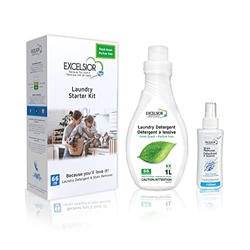 Excelsior HE Liquid Laundry Detergent with Natural Stain Remover for 66 Loads Fresh Scent 1 Liter Eco friendly Laundry Detergent Starter Pack (1 Pack)