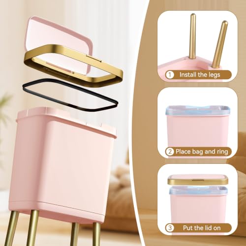 Image of Trash Can with Lid,Pink and Gold Garbage Can Bathroom,4 Gal,Slim