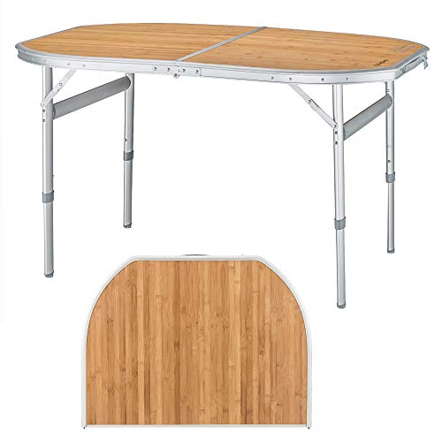 KingCamp Mesa Plegable de bambú elíptica Resistente al Agua de Gran tamaño Altura Ajustable con Recubrimiento Anti-UV para 4 a 6 Personas (Escritorio 120 × 80 cm)