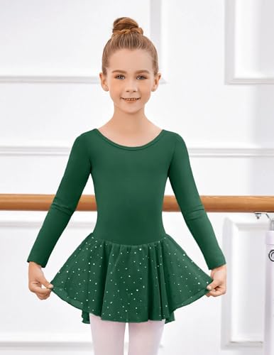 Image of Arshiner Girls Long Sleeve Ballet Leotards with Shinny Skirts Criss-Cross Back Dance Dresses
