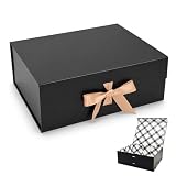 Tekhoho Caja de Regalos Grande Negro 33.5x27x12.5 cm, Caja de Regalos Premium con Tapa MagnéTica y Cinta para Embalaje de Regalos de Bodas y CumpleañOs, Forro a Cuadros