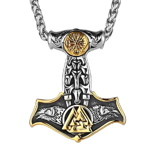 LOBON Viking Thor Hammer Necklace Nordic Vegvisir Valknut Symbol Pendant Stainless Steel Norwegian Amulet Jewelry Gift for Men Women