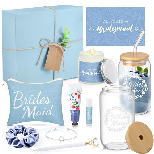 Meanplan 14 Pcs Bridesmaid Proposal Gifts Set, Will You Be My Bridesmaid Gifts with Proposal Box Glass Cup Makeup Bag Cards Lip Balm Hand Cream Candle Scrunchie Bracelet Diamond Pen for Wedding(Blue)
