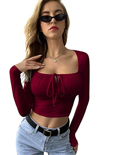 Floerns Women s Basic Square Neck Tie Front Long Sleeve Crop Top T Shirt Burgundy S