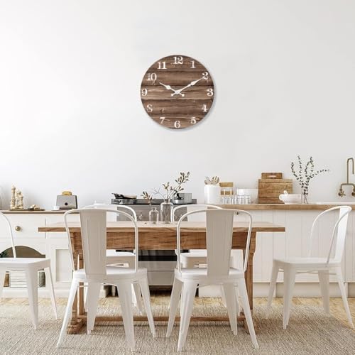 Image of XFM Brown Wooden Wall Clock 12 Inch Silent | Non-Ticking Battery Operated Vintage Farmhouse Rustic Decorative for Kitchen Living Room Office