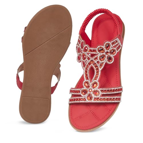 Image of iCKER Womens Rhinestone Strappy Flat Sandals Elastic Ankle Strap Open‑Toe | Sparkling,for wedding,party,evening dates,special occasion,Vacation,Formal