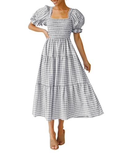 Image of ZESICA Women's 2026 Boho Summer Dresses Gingham Puff Sleeve Square Neck Flowy Beach Midi Dress