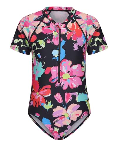 Image of Girls One Piece Rash Guard Swimsuits for Kids Girls Short Sleeve Bathing Suits with Front Zipper Swimwear 3-16 Years