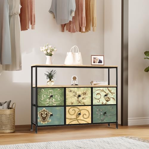 Image of HOME ELEMENTS Fabric Chest of Floral Printed Glossy 6 Drawers for Bedroom,Clothing Storage Organizer Unit Dresser Chest of Drawers for Living Room Closet Hallway,100x29.8x78cm,Assorted
