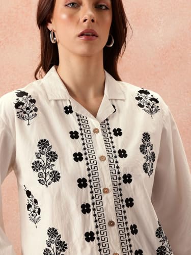 Image of Bee M Pee Designer Women's Embroidered Korean Crop Shirt | Full Bell Sleeves Western Tops for Woman Stylish | Oversized Formal /Casual /Office Wear Cotton Shirts Top for Women