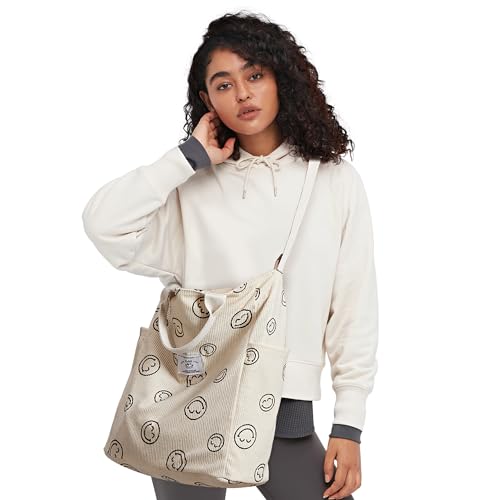 Image of KALIDI Corduroy Tote Bag, Large Slouchy Hobo Messenger Crossbody Bag | Anti Splash Zipper Side Pockets Shoulder Bag Adjustable Strap Lightweight Casual Work Shopping Women