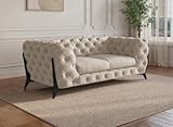 beige DecoInParis Canapé Fixe 2 Places capitonné Chesterfield Velours Beige Carmen