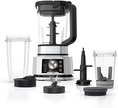 Ninja SS351 Foodi Power Blender & Processor System 1400 WP Smoothie Bowl Maker & Nutrient Extractor* 6 Functions for Bowls, Spreads, Dough & More, smartTORQUE, 72-oz.** Pitcher & To-Go Cups, Silver