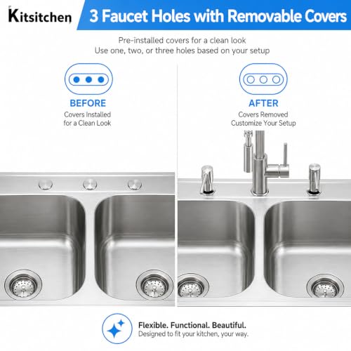 Image of Kitsitchen 33 x 22 Drop In Kitchen Sink, T304 Stainless Steel Double Bowl