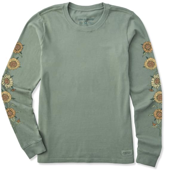 Life is Good. Women's Fall Sunflowers Long Sleeve Crusher Tee, Moss Green
