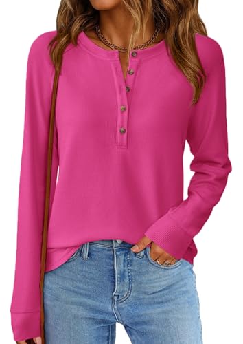 Image of PRETTYGARDEN Women's Long Sleeve Waffle Knit Henley Shirts Loose Tunic Tops
