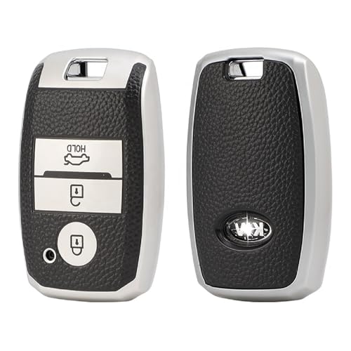 Image of JVCV Premium Soft TPU Leather Pattern Key Cover Compatible with Kia Seltos Sonet Carens 3 Button Push Start Car Key (Silver Black)