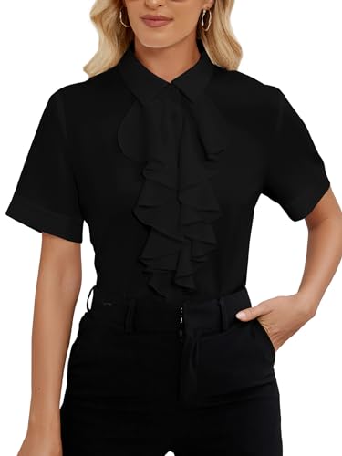 Vrtige Women's Ruffle Front Collar Neck Button Down Short Sleeve Blouse Shirt Top Black XX-Large