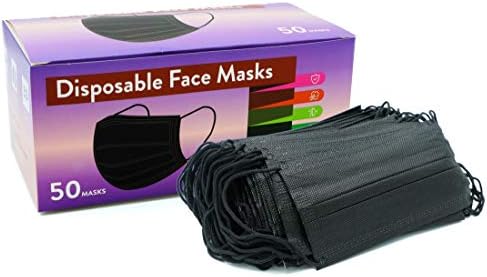 SIPA 50pcs Disposable Black Face Masks with 3-Layer Protection, Breathable Non-Woven Protective Masks Cover For Adults, Non Surgical 3-Ply Ear-loop Mouth Cover