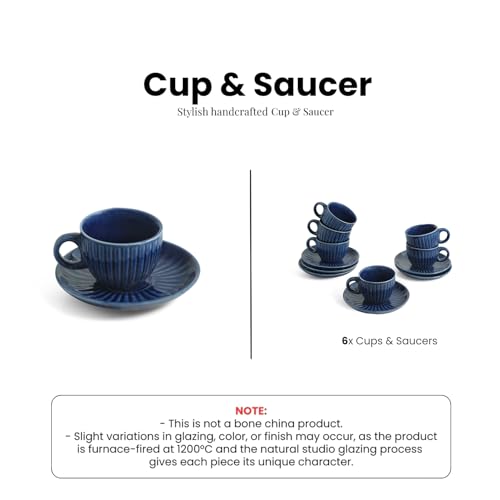 Image of ExclusiveLane 'Midnight Ripped' Hand Glazed Ceramic Tea Cups with Saucer Ceramic Coffee Cups Chai Tea Cup (Set of 6, 150 ML, Microwave Safe, Dishwasher Safe)