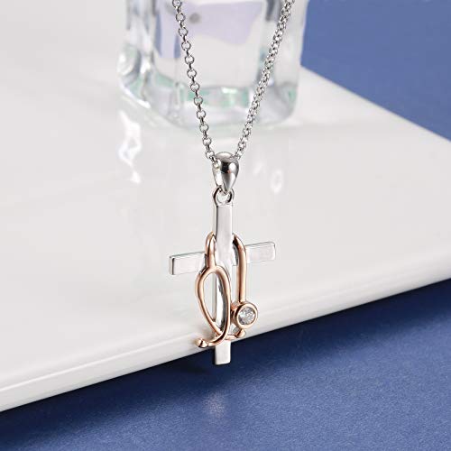 Sterling Silver Stethoscope Cross Necklace Earrings Bracelet Ring Women Medicine Pendant Jewelry Nurse Doctor Graduation Gift for Medical Student4