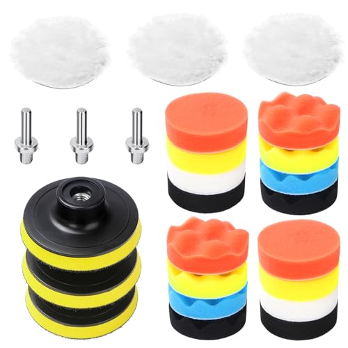 25 Pack 3 Inch Polishing Pads Set with M10 Drill Adapter, Sponge Buffing Pads Kit for Car Polishing, Waxing, Scratch Removal