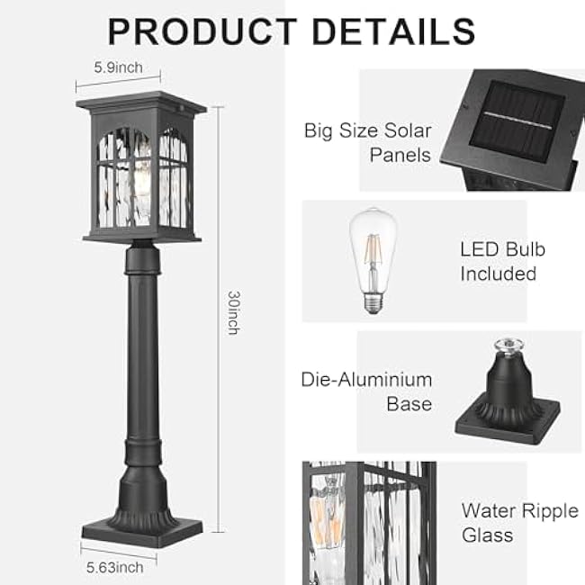 Outdoor Solar Post Lights with Pier Mount Base, Dusk to Dawn Aluminum Solar Pole Light with Remote Waterproof, Auto On/Off Fence Deck Post Lighting for Pathway Garden Walkway Street