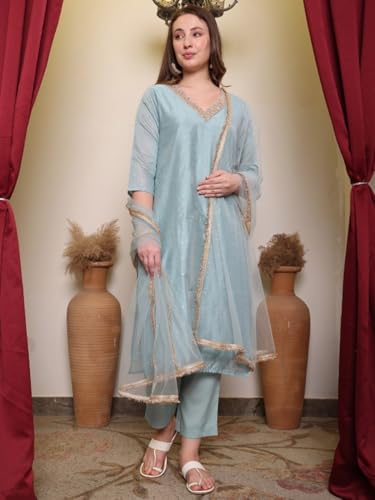 Image of Women Kurta Set with Dupatta | Embroidered Straight Kurta Pant Set for Women | Ethnic Festive Party Suit Set | Net Chanderi Fabric Kurti Set