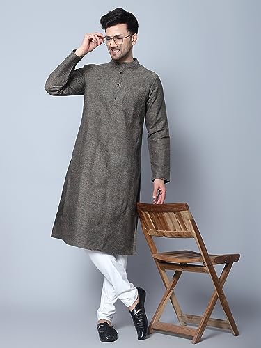 Image of LATEST CHIKAN Men's Cotton Regular Textured Long Kurta Full Sleeves - Casual Ethnic Wear