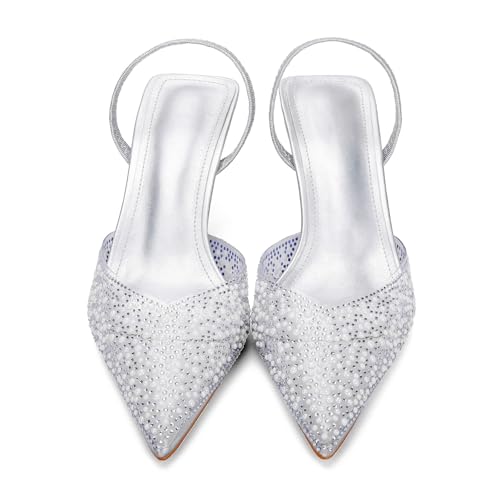 Image of YIYA Women's Clear Slingback Heels with Pearl Studded Pointed Toe Kitten Mid Heels Sparkly Rhinestone Slip On Wedding Party Shoes