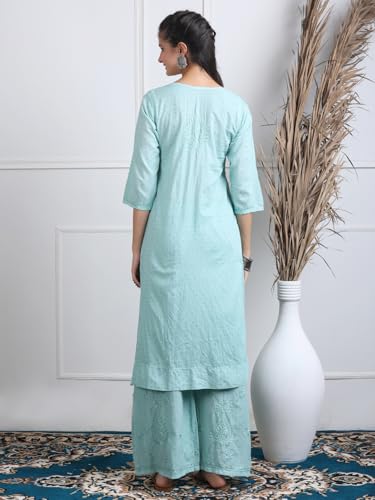 Image of Women's Lucknowi Chikankari Handwork Cotton Kurti, Palazzo and Dupatta Set