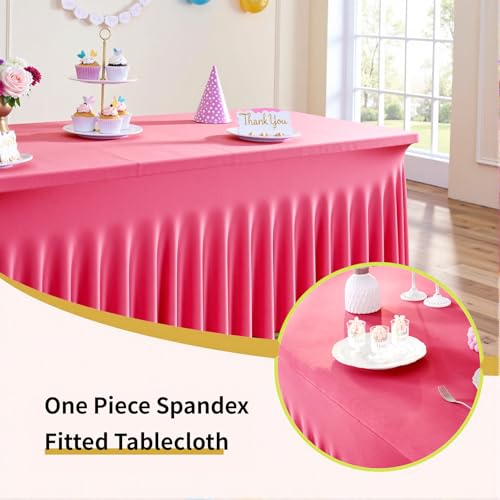 Image of Outpain 6ft Spandex Table Cloth for Standard Folding Tables-4Pack Hot Pink Table Cloth Table Protector for Party, Wedding, Cocktail, Banquet, Festival