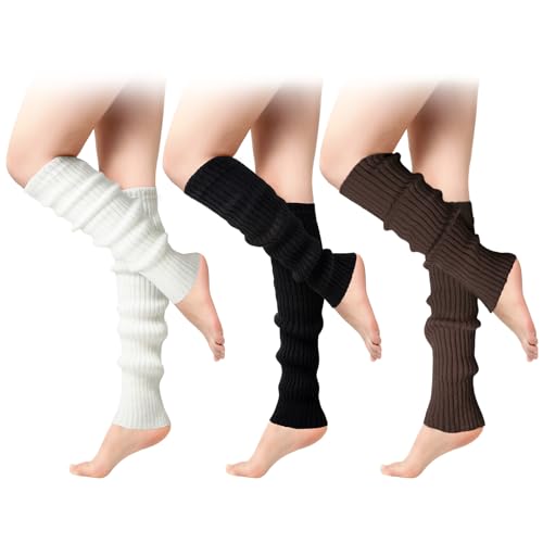 Clothirily Leg Warmers - Fashion Knit Neon Leg Warmers for Women 80s Sports Party Yoga Accessories 3 Pairs, Black & White & Coffee