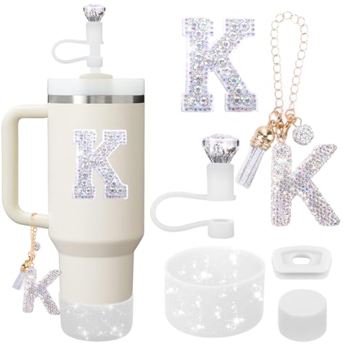 Mity rain Accessories Set for Stanley Cup, Initials Decorations for Tumbler Cup 30/40OZ, Including Diamond Straw Topper/Spill Proof Stopper/Sparkly Silicone Boot Set/Letter Charms for Handle A-Z (K)