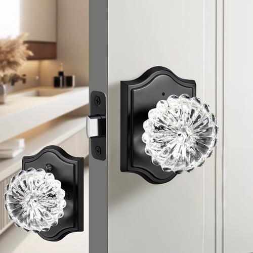 Gaurqiah Daisy-Shaped Glass Door Knob with Lock – Interior Privacy Door Knob for Bathroom & Bedroom, Matte Black Crystal Design, Vintage Style