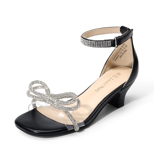 DREAM PAIRS Girls Sandals Ankle Strap Square Toe Low Heel Bow Flower Dress Shoes 1 Little Kid Black