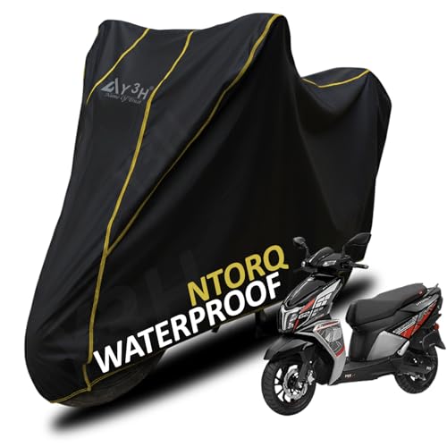 Image of Bike Body Cover TVS Ntorq Full Body Cover with Waterproof, Dust Proof, UV Rays Protective, Tripple Stitching & Lightweight Two Wheeler Covers - Black with Waterproof Yellow Piping