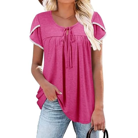 BETTE BOUTIK women's pleated petal short sleeve tops corded crewneck pull string shirts womens short sleeve tops dressy casual Rose XX-Large Cover