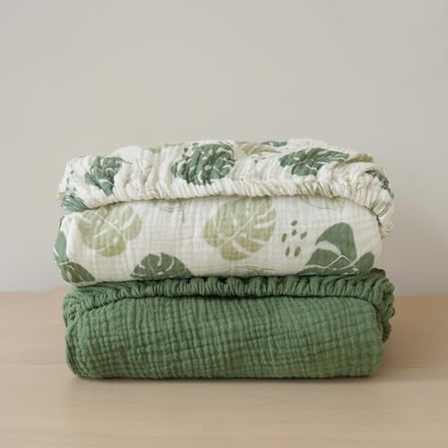 Image of Konssy Muslin Crib Sheets for Boys, Soft Cotton Neutral Baby Sheets for Standard Crib Mattress 2 Pack, 52 inchx28 inch (Sage Green,Leaf)