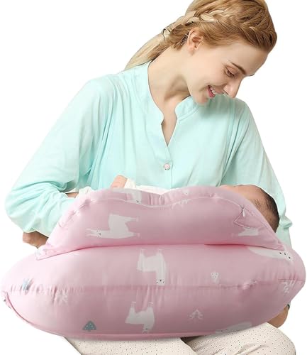 SHANNA Cojin Lactancia Bebe y Almohada Embarazada Dormir XXL Multifuncion Funda Cojin 100% Algodon Incluye Funda Extraíble y Lavable y Soporte de Correa de Cintura Ajustable (Oso Rosa)