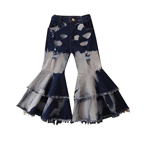 Toddler Kids Baby Girl Ruffle Flare Jeans Bell Bottom Raw Hem Ripped Denim Pant Stretch Wide Leg Trousers Fall Outfit2