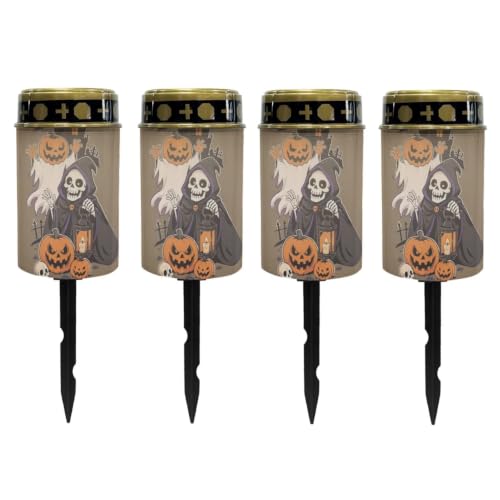 Image of Poceacles Solar Lights Outdoor Grave Candle for Cemetery Decoration Solar Outdoor Lights for Garden Lawn Backyard Pathway Halloween Decor, Pumpkin Skull Brown, Pack of 4
