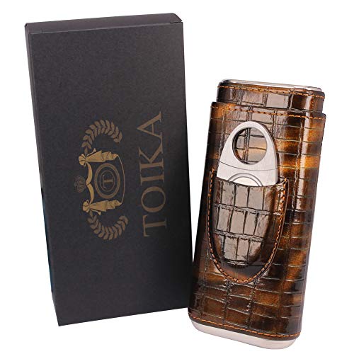 TOIKA Sturdy Travel Cigar Case,3- Finger Elegant Leather Small Cigar Humidor with Cedar Wood Lined and Cutter