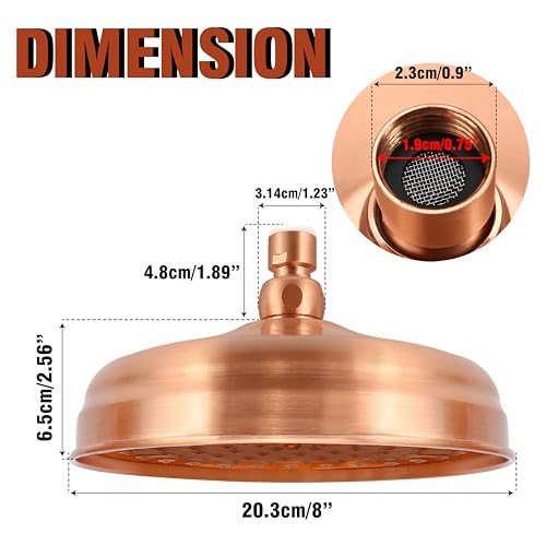 8 Inch Stainless Steel Copper Shower Head Antique Red, Big Large Round Rainfall Showerhead Sprayer, High Pressure Sprinkler Nozzle Single Head Replacement for Bathroom Garden Bath Waterfall Experience