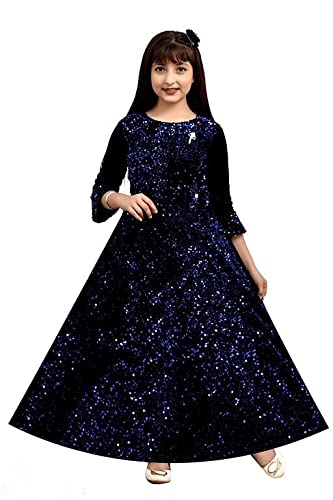 Ribacouture Front Sequnce Kids Gown Girls Knee Length Dress 3/4 Sleeve